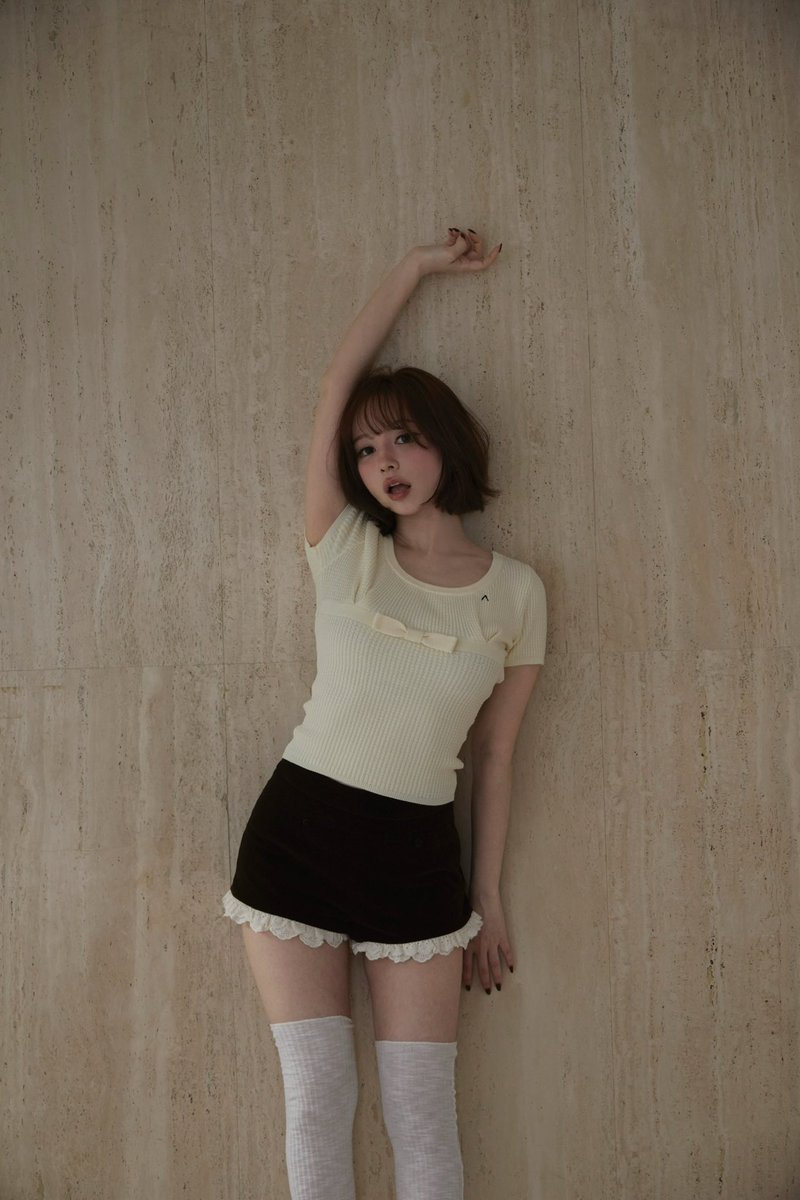 Waffle ribbon tops color ivory/ice blue ¥8,800-tax in さらりとした