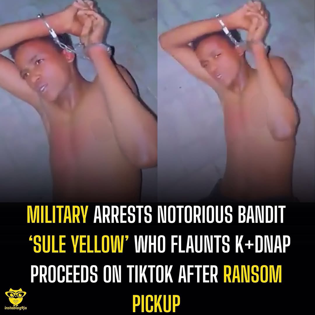 instablog9ja's tweet photo. Military Arrests Notorious Bandit ‘Sule Yellow’ Who Flaunts K+dnap Proceeds on TikTok After Ransom Pickup

The Nigerian military has arrested a suspected bandit identified as Sule Yellow, who allegedly used the TikTok handle @suleyellow6 to promote and flaunt the activities of t+rrorists online.

According to reports, the suspect was apprehended shortly after he reportedly collected ransom money from the family of a k+dnapped victim. Before his arrest, Sule Yellow had been highly active on TikTok, where he frequently showcased bandit operations and activities on the platform.

On March 4, he was said to have appeared in a livestream alongside another suspected bandit identified as Auta and several others, further drawing attention to his online presence.

Security sources revealed that operatives had been closely monitoring his activities before eventually moving in to arrest him. Following the operation, authorities also disabled the TikTok account linked to the suspect.