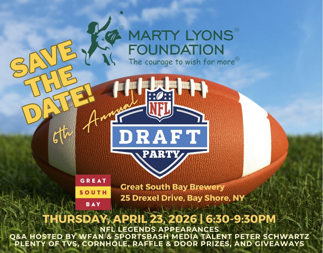 SchwartzSports's tweet photo. I'm hosting the 6th annual @martylyonsfdn NFL Draft Party on April 23rd at @greatsouthbay in Bay Shore! Hope to see you there! #JetUp #NYGiants #NFLDraft #MLFWishes #TeamMLF 🏈 https://t.co/rE3HLeHDd6