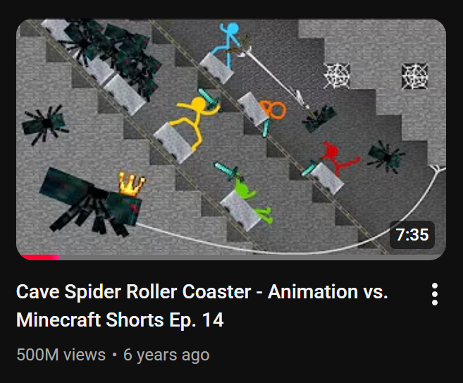 AlanBeckerWiki's tweet photo. Alan Becker’s AvM Episode 14 (Cave Spider Roller Coaster) has reached 500 Million views on YouTube!

It is the first gaming, indie animation and Minecraft video to reach 500M views. https://t.co/EBlp5xl57O