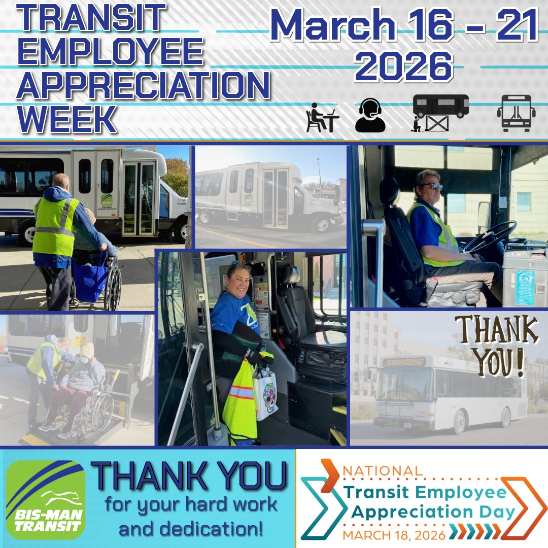 BismarckCATBus's tweet photo. This week is Transit Employee Appreciation Week, which includes National Transit Employee Appreciation Day on Wednesday, March 18th, 2026.

We want to recognize the outstanding work our transit employees do every day to keep our communities moving! https://t.co/N0ZgY9JVOd