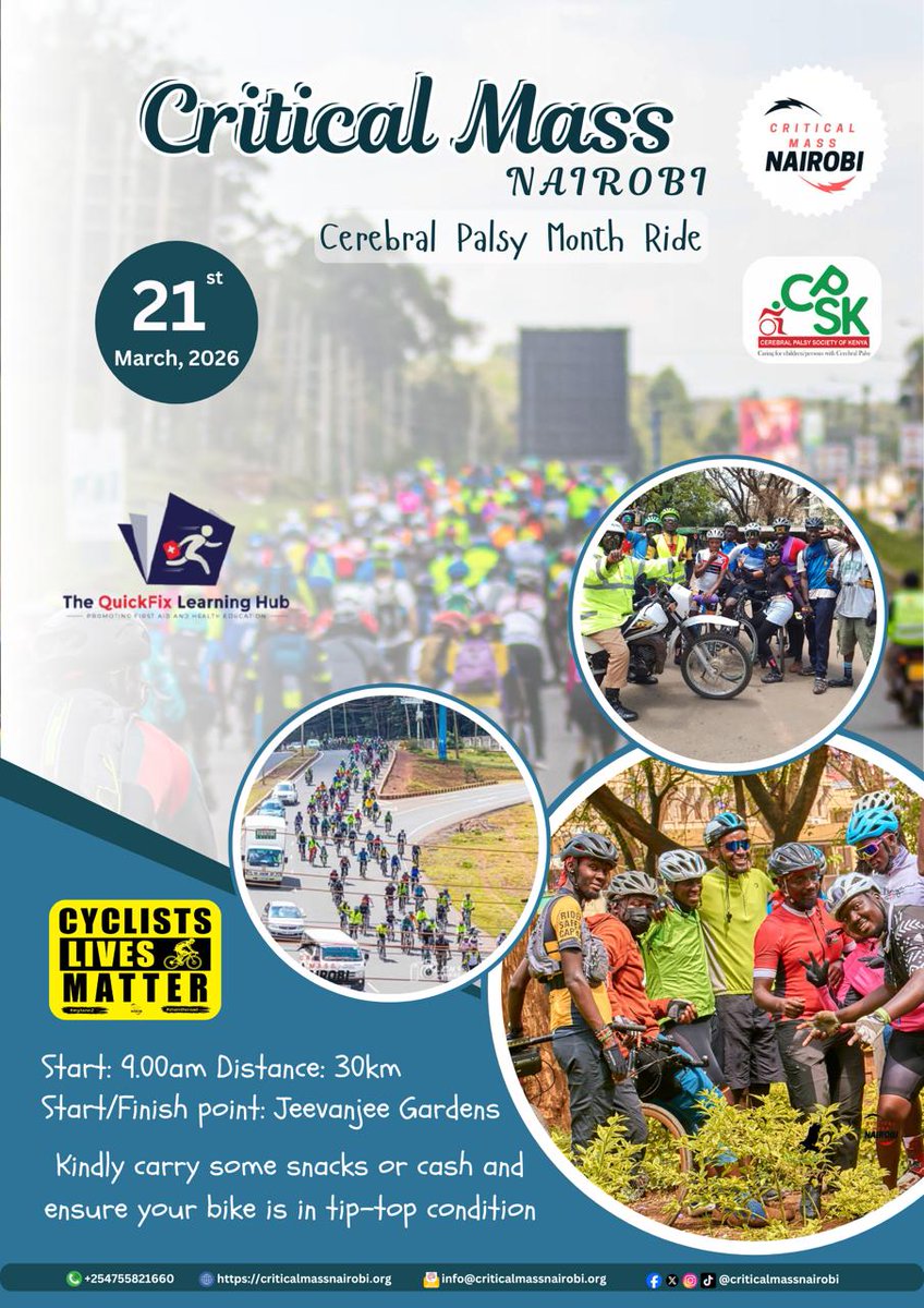 CriticalMassNbi's tweet photo. Calling all cyclists in the 254!🇰🇪
​Event Details:
​ 📆Date: Saturday, 21st March 2026

​ 📍Start/Finish Point: Jeevanjee Gardens

​ 🕘Start Time: 9:00 AM Sharp

​ 🛣️Distance: 26km of pure vibes and city cycling. https://t.co/ib2s12GdVl