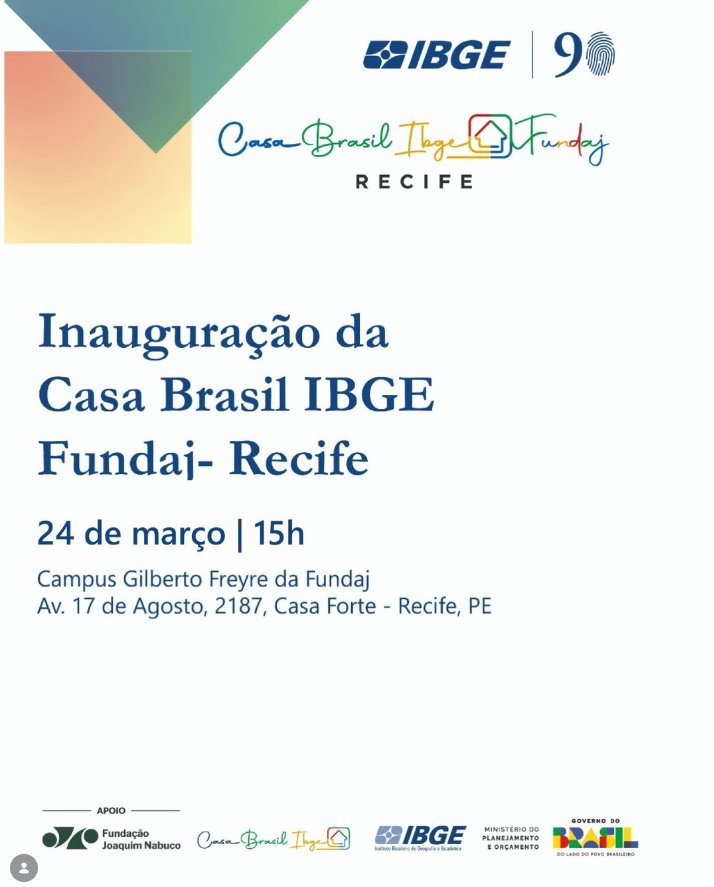 🏫 A Fundaj e o Instituto Brasileiro de Geografia e Estatística (IBGE) inauguram, no próximo dia 24 de março, a unidade da Casa Brasil Fundaj -IBGE. A iniciativa consolida a parceria, integrando-se à dinâmica acadêmica e cultural da Fundação.
🔗Saiba mais: bit.ly/4174ZUt
