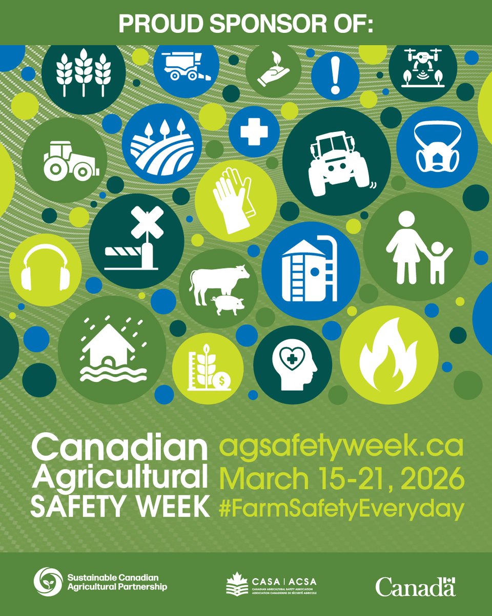 March 15-21 is Canadian Agricultural Safety Week. We're proud to be a sponsor and support <a href="/planfarmsafety/">CASA/ACSA</a>. Farm safety is a team effort. With a new growing season upon us, let us all remember to plan for #FarmSafetyEveryday. Check out their resources: casa-acsa.ca/en/canadian-ag…