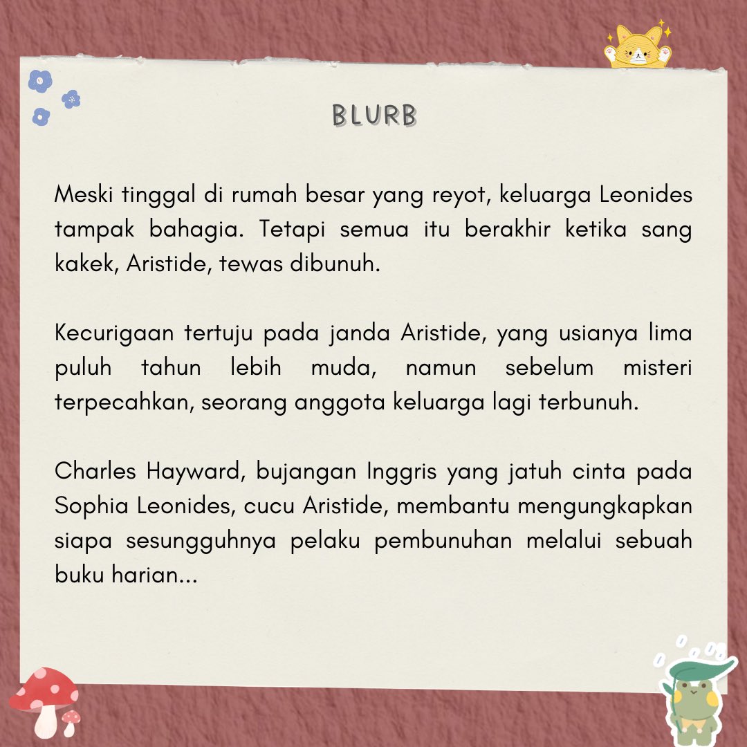bluplubb's tweet photo. — currently reading ⋆｡˚ 𓆟 𓆞

📚 Crooked House (Buku Catatan Josephine)
👤 Agatha Christie https://t.co/sYxTYOcOj5