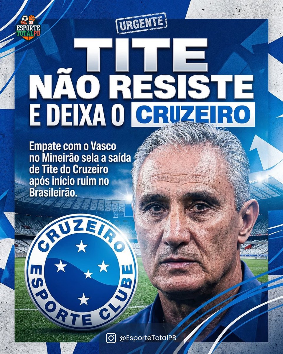 EsporteTotalPB's tweet photo. O ciclo de Tite no Cruzeiro chegou ao fim. O treinador foi demitido logo após o empate por 3 a 3 com o Vasco da Gama, no Mineirão, em partida válida pelo Campeonato Brasileiro Série A. #Cruzeiro #Tite #Brasileirão #FutebolBrasileiro #EsporteTotalPB ⚽🔥 https://t.co/DUyNMQ9SVO