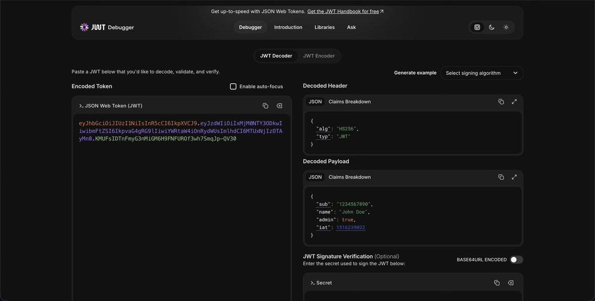 jaydeep0621's tweet photo. After years, the UI of https://t.co/ms52PJfr6t finally got an upgrade 👀

Modern debugger experience for working with JSON Web Tokens.

Small change, but every developer who has pasted tokens there at 2 AM will notice it 😅

#dev #webdev #jwt https://t.co/bq2U742IQ8