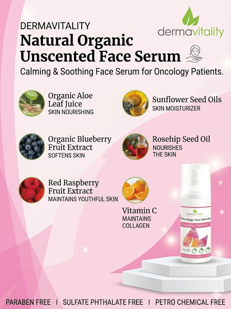 Discover our Natural Organic Unscented Face Serum, carefully crafted with Organic Aloe Leaf Juice, Sunflower Seed Oils, and more to soothe and nourish your skin. Ideal for oncology patients. #Skincare  dermavitality.com