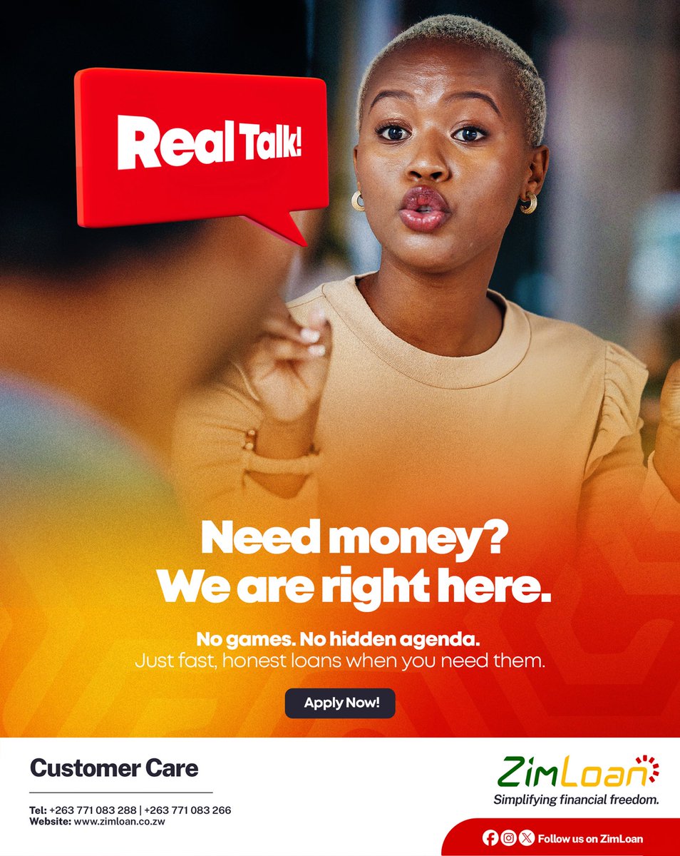 Sometimes the simplest message is the best one. You need funds. We provide them. Quickly. Apply now: zimloan.com/?umt=FB_Boost1

#ZimLoan #RealTalk #HonestLoans #NoGames #JustFunds