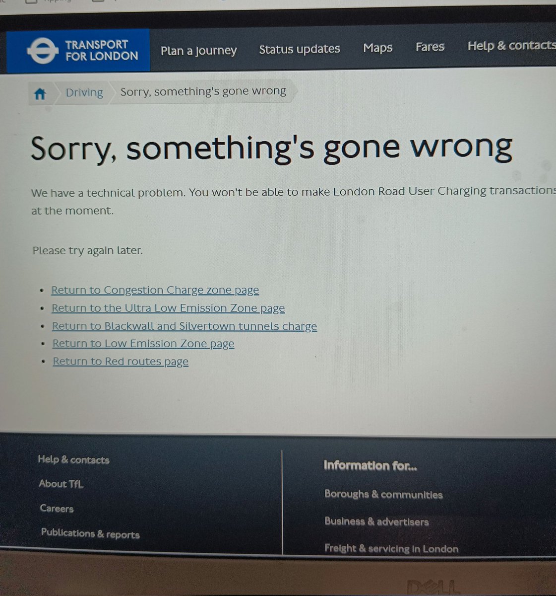 Sharkey8's tweet photo. @TfL I'm trying to pay some congestion charges on your website but I keep getting this notification. Happened when I tried to pay before going as well. Is there another way to pay? https://t.co/5xRt0q95hB