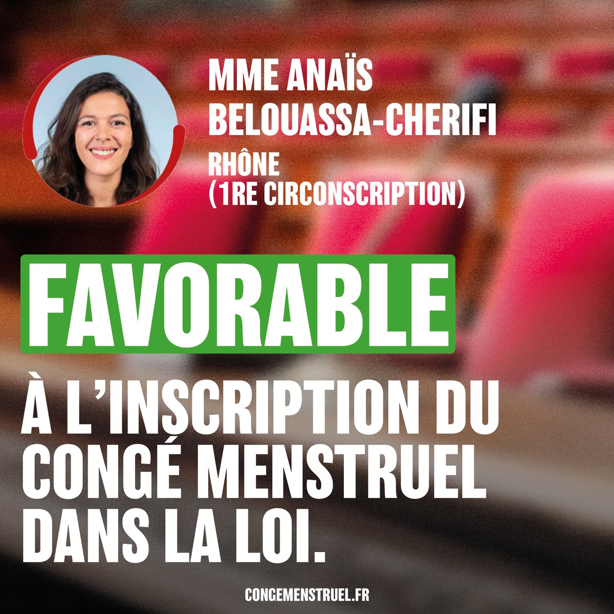 ✅ FAVORABLE au congé menstruel dans la loi
Mme Anaïs Belouassa-Cherifi (@BelouassaAnais)
Députée de la 1ère circonscription du #Rhône | #Villeurbanne
Groupe @FiAssemblee
Merci pour ce soutien.
Positions des parlementaires #CongéMenstruel 👇
Mobilisation #UNSA