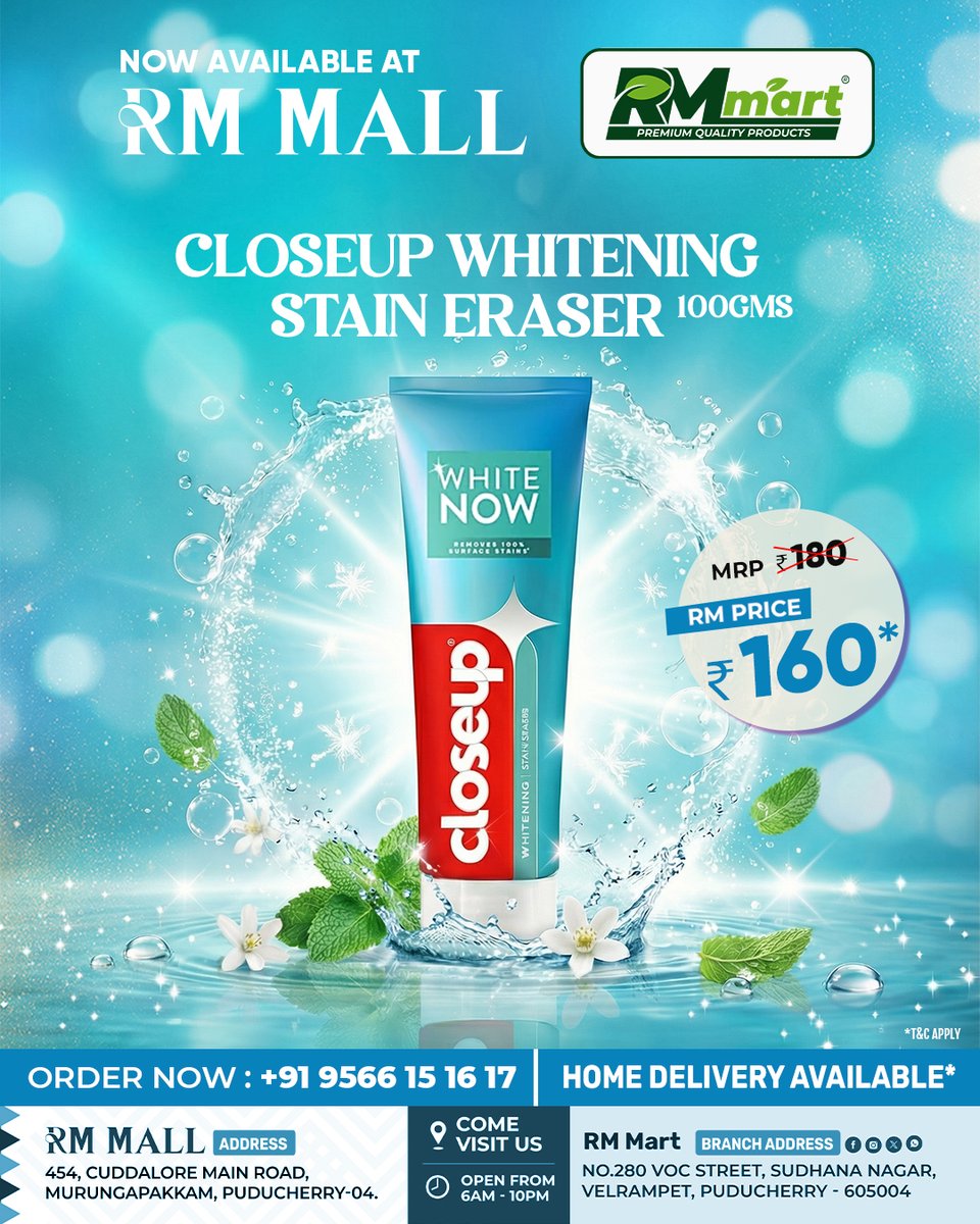 rmmartofficial's tweet image. Closeup Whitening Stain Eraser 100g | Best Price at RM Mart Puducherry 

#Closeup #TeethWhitening #RMMart #OralCare #PuducherryShopping #WhiteNow #SmileBright #GroceryDeals #RMMall #Murungapakkam