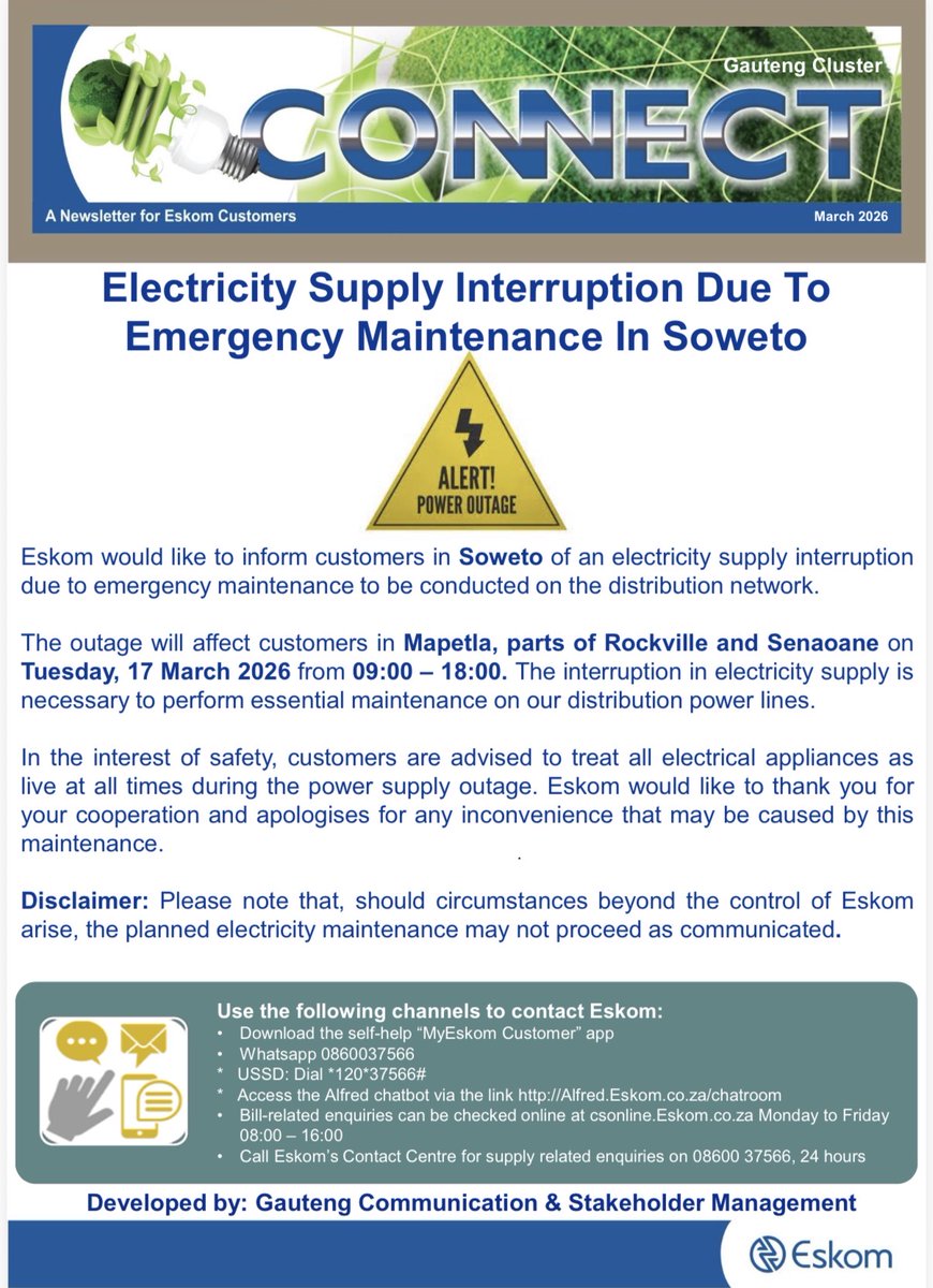 Eskom_SA's tweet image. #EskomGauteng
#EmergencyMaintenance
#Soweto

Electricity supply interruption due to emergency maintenance in Mapetla, parts of Rockville and Senaoane tomorrow, 17 March 2026 from 09:00 - 18:00.