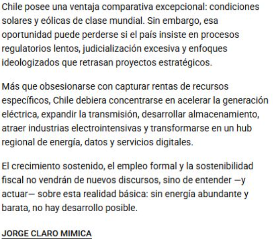 FelipeCruzA1's tweet photo. La economía del siglo XXI es, en esencia, una economía de energía ⚡

Comparto plenamente lo que expone @JorgeClaroMimica en @elmercurio_cl. Como bien dice, la energía es hoy el principal factor limitante para el crecimiento mundial. Sin embargo, para que Chile dé el salto, la discusión no puede quedarse solo en la gran estrategia nacional; tiene que bajar al techo de los hogares. 🏠☀️

Esta urgencia no es teórica, es realidad pura: el precio de la luz residencial ha subido en promedio más de un 70% en el último tiempo. Estamos atrapados en un sistema de monopolios con un servicio al cliente que, sistemáticamente, es de los peores evaluados.

¿Cómo rompemos este ciclo? 🔄

Para mí, una de las palancas clave es masificar y fortalecer la ley de Net Billing. Es la herramienta que le devuelve el poder de elegir al ciudadano: ¿seguir siendo un rehén de la distribuidora o generar su propia energía?

Los números hoy hablan por sí solos:

✅ Ahorro real: Un hogar con una cuenta de $100.000 puede reducirla a $0 aprovechando su techo. 
✅ Retorno de inversión: Con la tecnología actual y la radiación de Chile, el payback ronda entre los 4 y 6 años. 
✅ Accesibilidad: Existen modelos de financiamiento donde la cuota mensual es hasta un 40% más baja que lo que hoy se paga a la eléctrica.

Al democratizar la generación, no solo bajamos los precios, sino que permitimos que los beneficios del sol de Chile lleguen directo al bolsillo de la gente. La verdadera soberanía energética empieza cuando dejamos de ser consumidores pasivos y nos convertimos en protagonistas. 🇨🇱💪
En @Edifychile  estamos demostrando que el futuro se construye mirando hacia arriba. 🚀

Puedes cotizar y tener más información en https://t.co/GdMXgm9FSE

#EnergiaSolar #NetBilling #Chile #EficienciaEnergetica #Sustentabilidad #Edify #Energia
