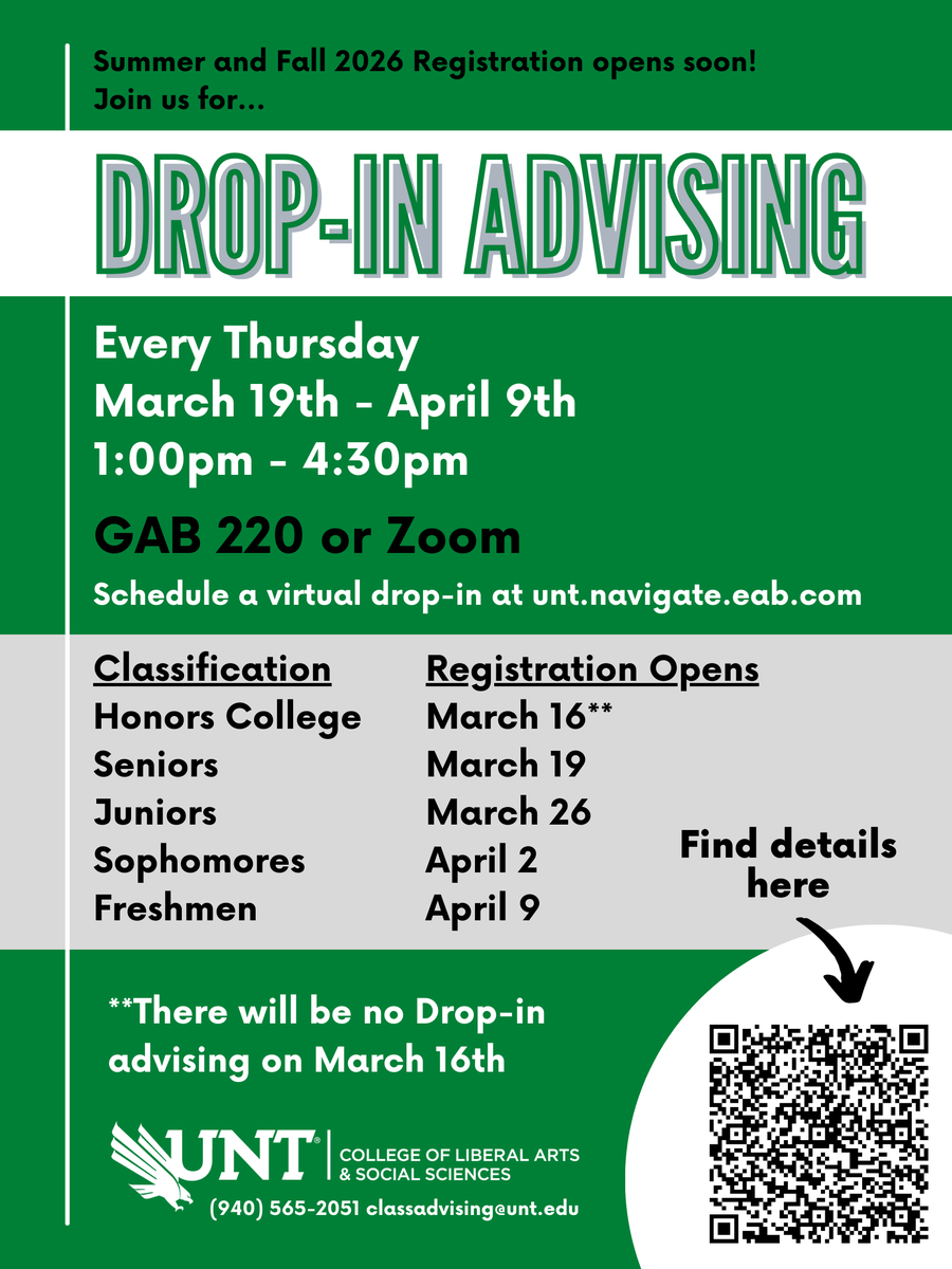 UNTCLASSadvisor's tweet photo. CLASS drop-in advising starts this Thursday! Join us in GAB 220 (or online) to build your schedule and get all of your questions answered!

Both in-person and virtual drop-ins will be available. Visit the following link for more information: https://t.co/9DkX0AWOap https://t.co/Hxt52lCNLG