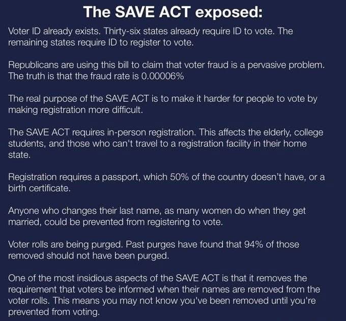 BiatchDulce's tweet image. The #SaveAct exposed!
Vote No! 
MAGA government is pushing this now because they know they will lose the midterms to the Dems. 
They’ll do anything to cheat just to win. 
Hence the Save Act. 
(The election fraud rate is 0.00006% btw)