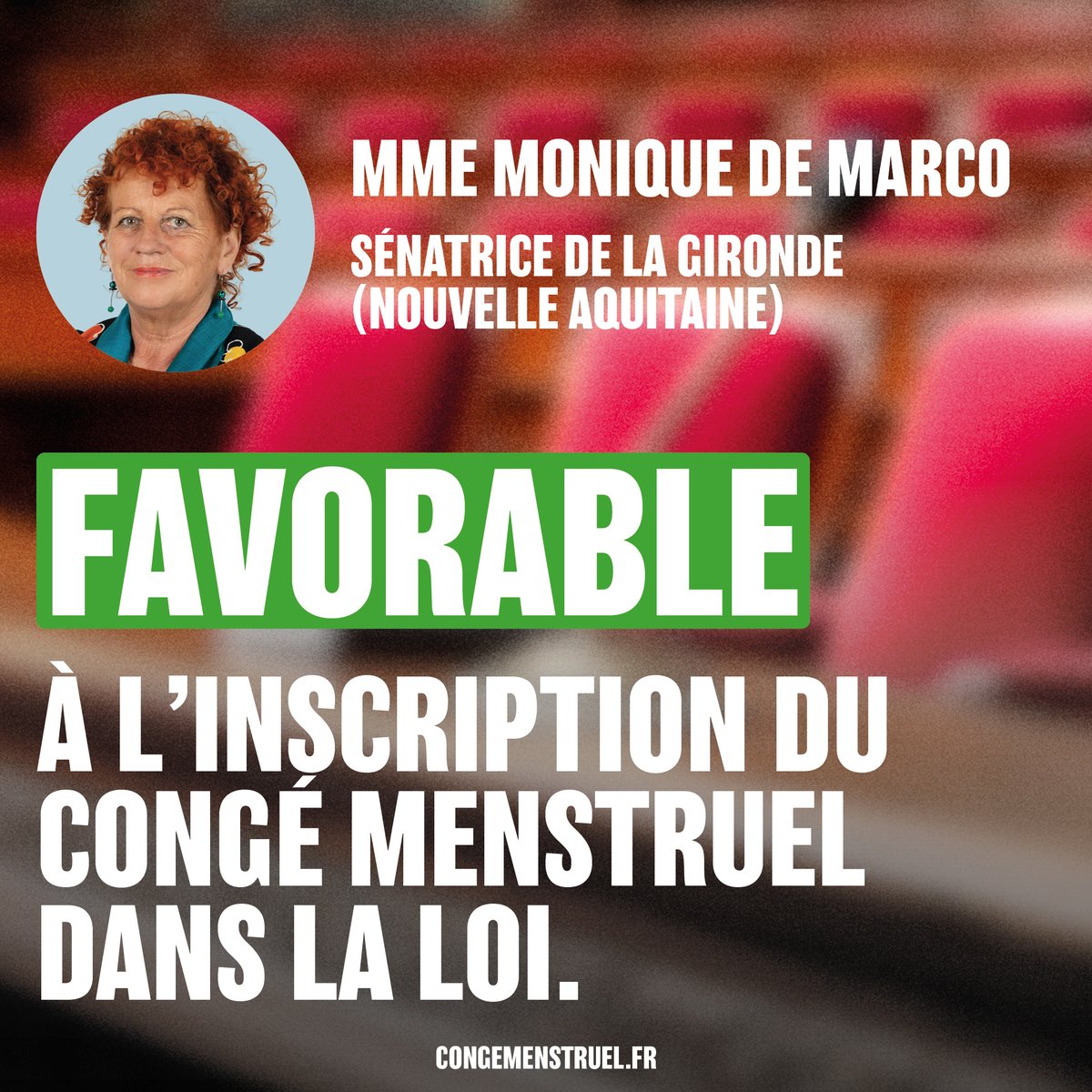 ✅ FAVORABLE au congé menstruel dans la loi
Mme Monique de Marco (@moniquedemarco)
Sénatrice de la #Gironde | #NouvelleAquitaine
Groupe @ecologistesenat
Merci pour ce soutien.
Positions des parlementaires #CongéMenstruel 👇
Mobilisation #UNSA