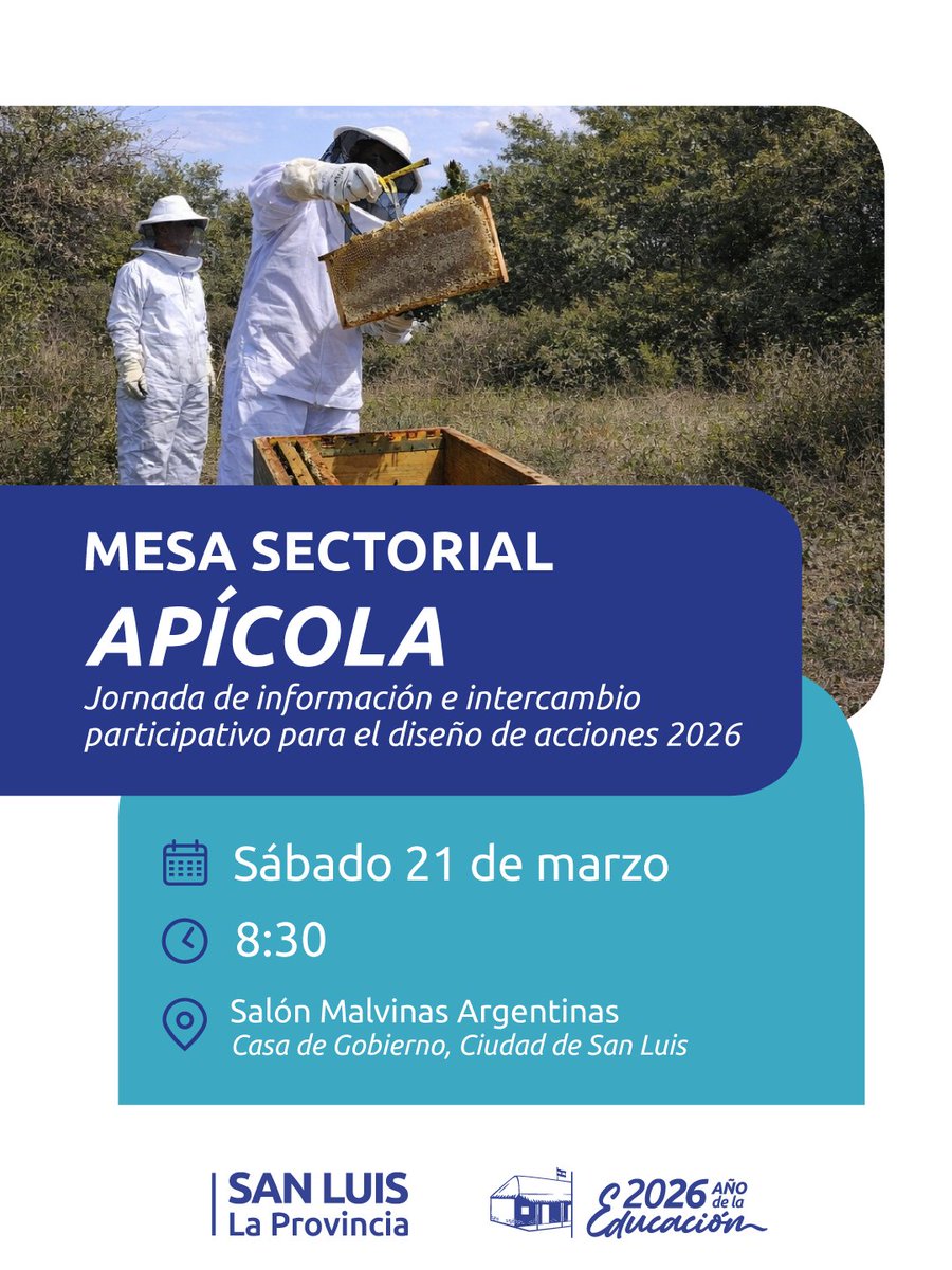 🐝 La mesa sectorial apícola tendrá su segundo encuentro en el Salón Malvinas Argentinas de Casa de Gobierno, el próximo 21 de marzo a las 8:30 hs. 
Los interesados en participar, pueden inscribirse en el formulario: forms.gle/oF7pC6pnCqFeUr…