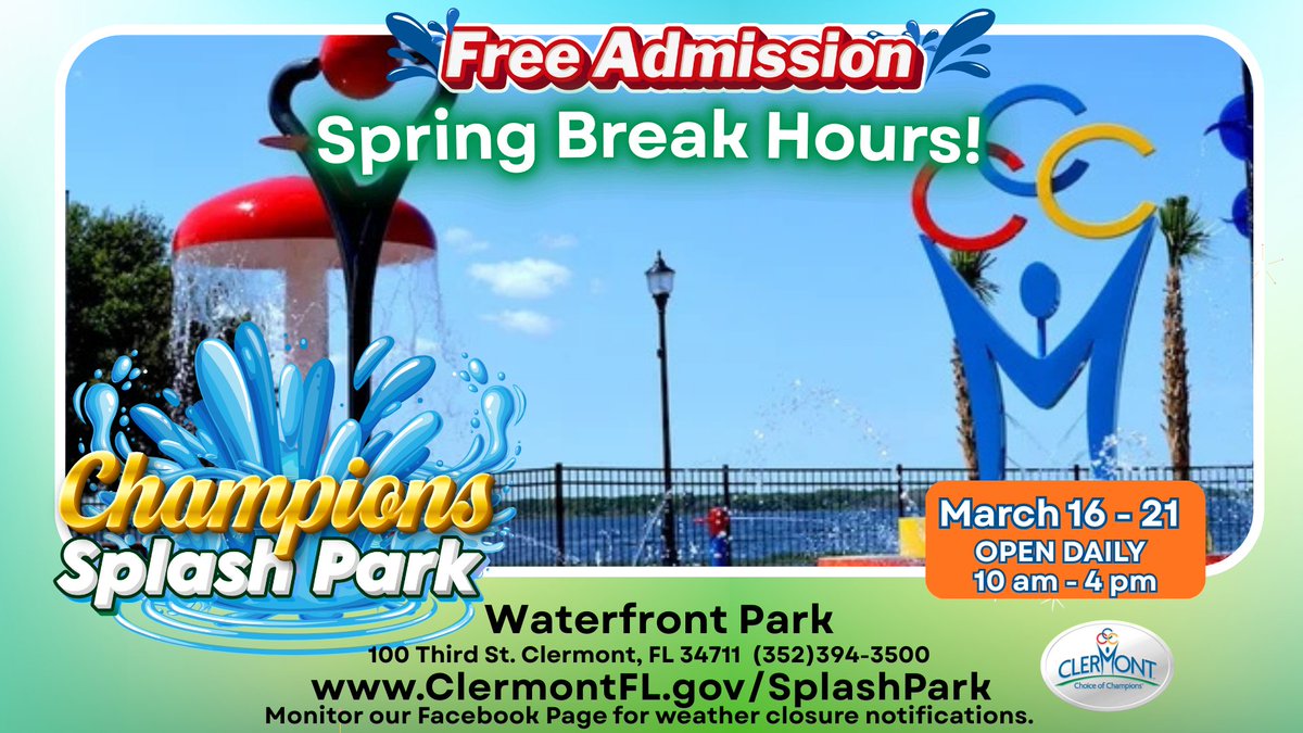 cityofclermont1's tweet photo. Spring Break fun is making a splash in Clermont, the Choice of Champions™.
Our Splash Park is open daily during Spring Break from 10 am to 4 pm, giving families a refreshing way to enjoy time together right here in our community. While today’s weather may bring a few afternoon showers, champions know the Florida sunshine will return soon. When it does, bring the kids out to cool off and enjoy the splash park completely FREE.
Families can also make a full day of it by enjoying the nearby playground and dipping their toes in the waterfront beach area at Waterfront Park.
📷 Location: Waterfront Park Splash Park
100 3rd Street, Clermont, FL
A couple of quick reminders to help everyone have a great visit
• No food is allowed inside the Splash Park area
• As much as we love our furry friends, pets are not permitted inside the splash park
We look forward to seeing families and young champions enjoying Spring Break fun at the waterfront. Learn more about Clermont parks and recreation opportunities anytime at https://t.co/ioLySOCzIm
#clermont #clermontfl #clermontinfo #clermontflorida #clermontnews #allclermont #clermontevents #choiceofchampions #springbreak #familyfun #waterfrontpark #splashpark #playground #beachday #clermontparks