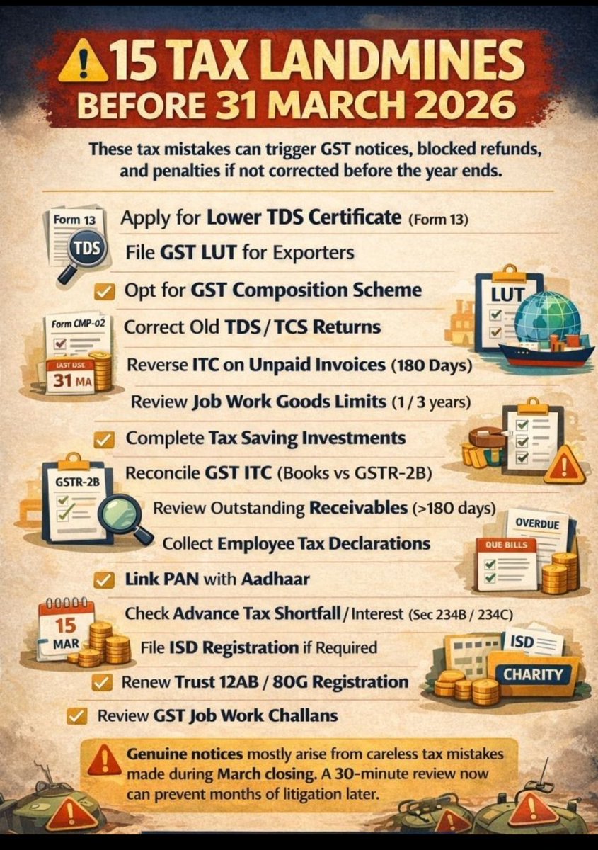 CANITINCHAWLA's tweet image. 15 Tax LandMines before 31.03.2026

Follow the Tax Talk with CA Nitin Chawla A.C.C.A channel on WhatsApp: 🔥👇🔥 whatsapp.com/channel/0029Vb…

#TaxUpdates
#IncomeTax
#Taxation
#NewIncomeTax
#TaxTalk