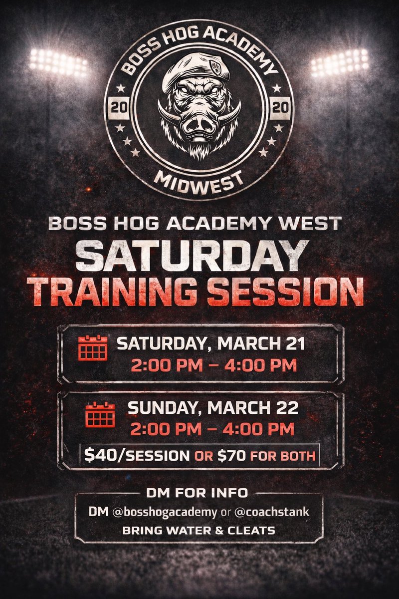 Two chances to get better this weekend 🐗💰

📅 Saturday March 21
📅 Sunday March 22
⏰ 2–4 PM

💰 $40/session or $70 for both

📲 DM @bosshogacademy or @coachstank for info
💧 Bring water &amp; cleats