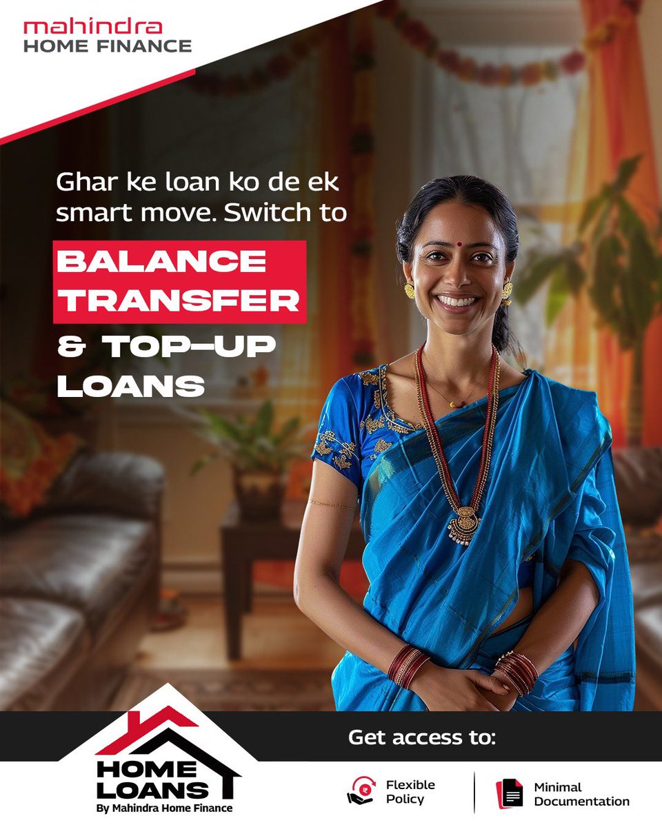 Give your existing home loan a smart new direction. Switch to Balance Transfer &amp; Top-Up Loans with Mahindra Home Finance.
✔ Flexible Policy
✔ Minimal Documentation

Explore more:
mahindrahomefinance.com/balance-transf…

#MahindraHomeFinance #BalanceTransferLoans #TopUpLoans #HomeLoanSolutions