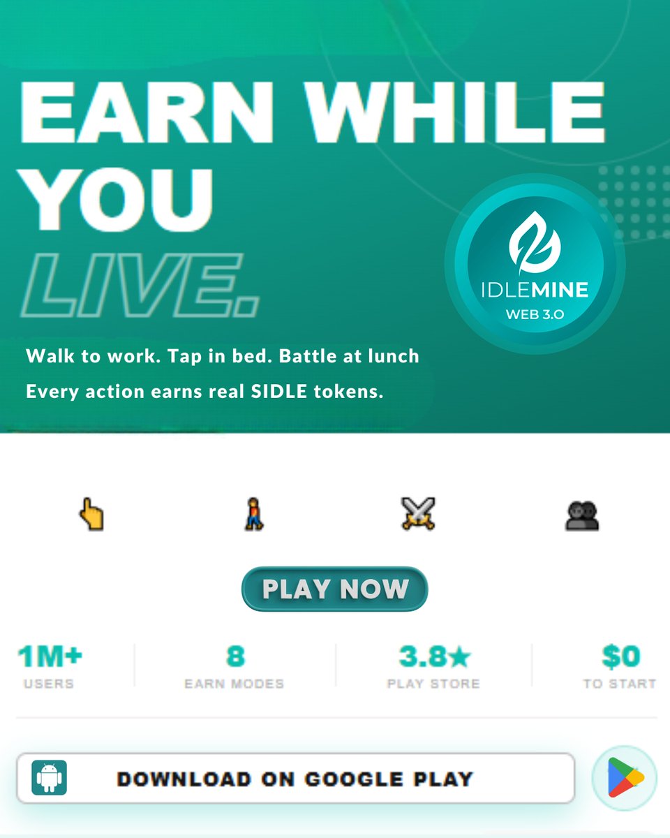 stringidlemine's tweet image. Earn While You Live

Walk to work.
Tap in bed.
Battle at lunch.
Every action earns real $IDLE tokens on IdleMine.
Start earning today 👇
 play.google.com/store/apps/det…

#IdleMine #WalkToEarn #PlayAndEarn #Web3Gaming #CryptoRewards