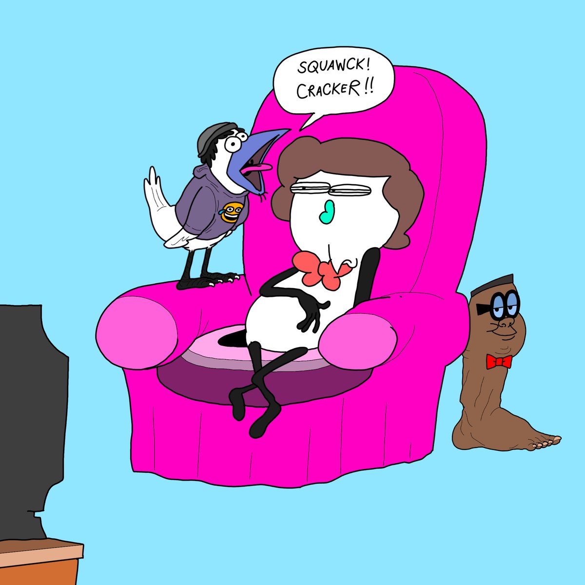 Last time, I made a drawing featuring the SaltyDKgang doing shenanigans. In that drawing I made <a href="/SanctoKlinge/">p a s t r y</a> a bird and I though it was funny. So I decided to reuse the gag to capitalize on this hit new idea. <a href="/saltydkdan/">Saltydkdan</a> <a href="/SaltyDKArtRT/">Saltydkdan Art Retweets</a> #artistontwitter #saltydkdan #procreateart