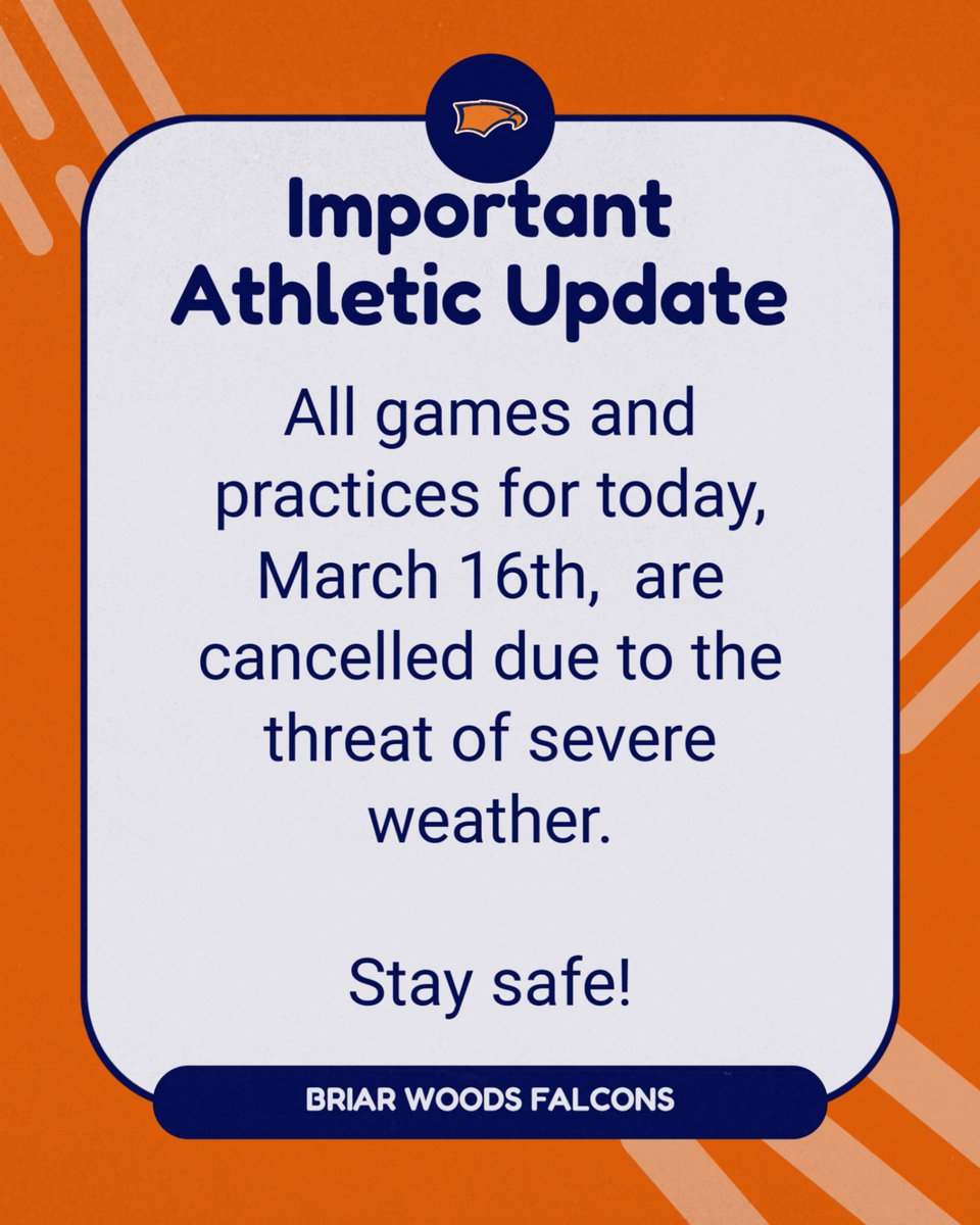 BWHSAthletics's tweet photo. With the threat of severe weather this afternoon, all athletic games and practices for tonight have been cancelled. https://t.co/uMbb9DnFc1