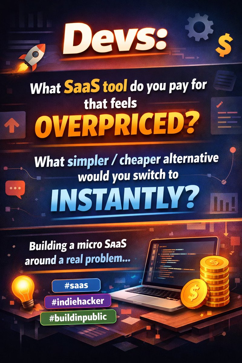 erwinowak's tweet photo. Devs:

What SaaS tool do you pay for that feels overpriced?

And what simpler / cheaper alternative would you switch to instantly?

Looking for ideas to build a micro SaaS around a real problem.

#saas #indiehacker #buildinpublic https://t.co/R5iLBznrj4