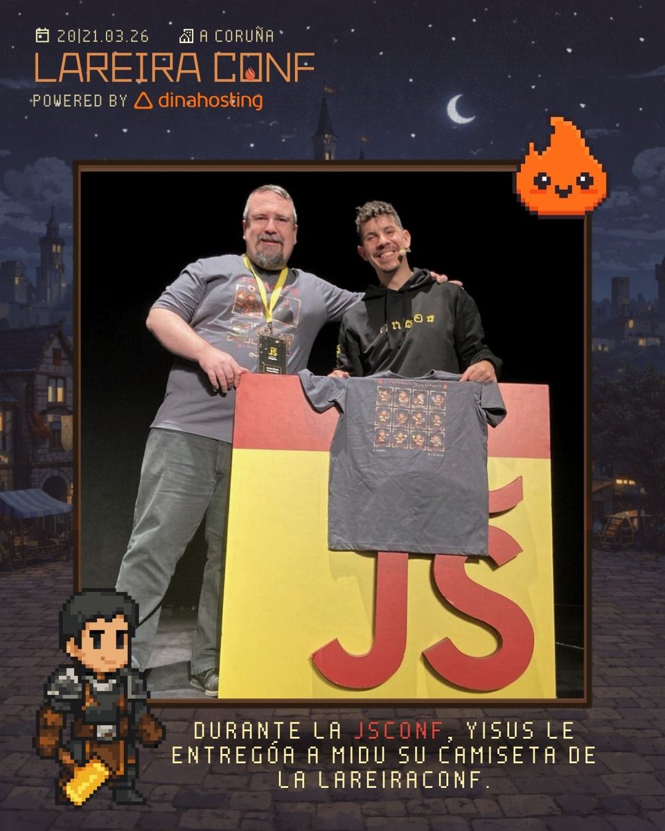 LareiraConf's tweet photo. ¿Sabes quién tiene ya su camiseta oficial de la #LareiraConf26? @midudev.
@jesusperezrocafernandez se la entregó este finde en la #JSConf.

Si ún no la tienes, a la LareiraConf llevaremos las tallas que nos han sobrado de la pre-venta. Los más rápidos podrán hacerse con la suya. https://t.co/gBUFHSVH4c