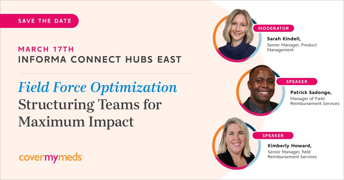 CoverMyMeds's tweet image. Join @CoverMyMeds at #AccessUSA for a discussion on how to structure field teams for maximum impact. Featuring our thought leaders, Sarah Kindell, Kim Howard &amp;amp; Patrick Sadongo. See you there at 4 pm ET on Mar. 17. 

#MarketAccess #FieldReimbursement #AccessStrategy