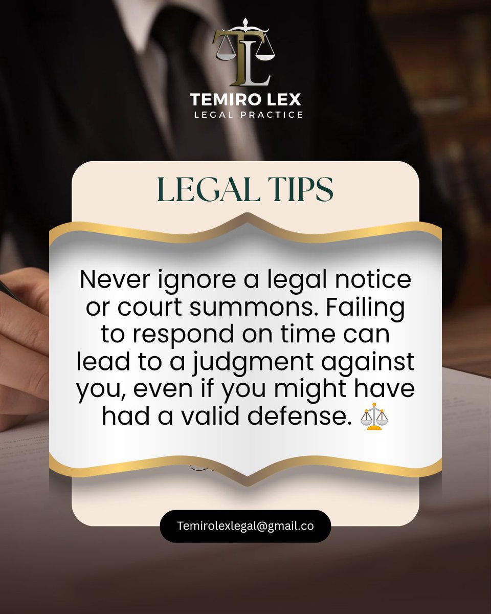 TemiroLexLegal's tweet image. Silence in the face of a legal notice is a gamble you’ll likely lose. Protection starts with action; ignoring the process only fast-tracks a result you didn't choose. Stay ahead—respond, consult, and defend. ⚖️

#Legaltips 
#LegalAdvice 
#Court