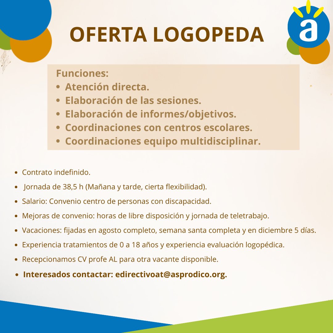 ASPRODICO's tweet photo. ¿Te gustaría unirte a nuestro equipo? 💛💚💙

¡En ASPRODICO buscamos LOGOPEDA!
🧩 Atención Temprana
🧠 Tratamientos especializados
👨‍👩‍👧 Trabajo con familias

📩 Envíanos tu CV a: edirectivoat@asprodico.org https://t.co/uZ8a8EUXH1