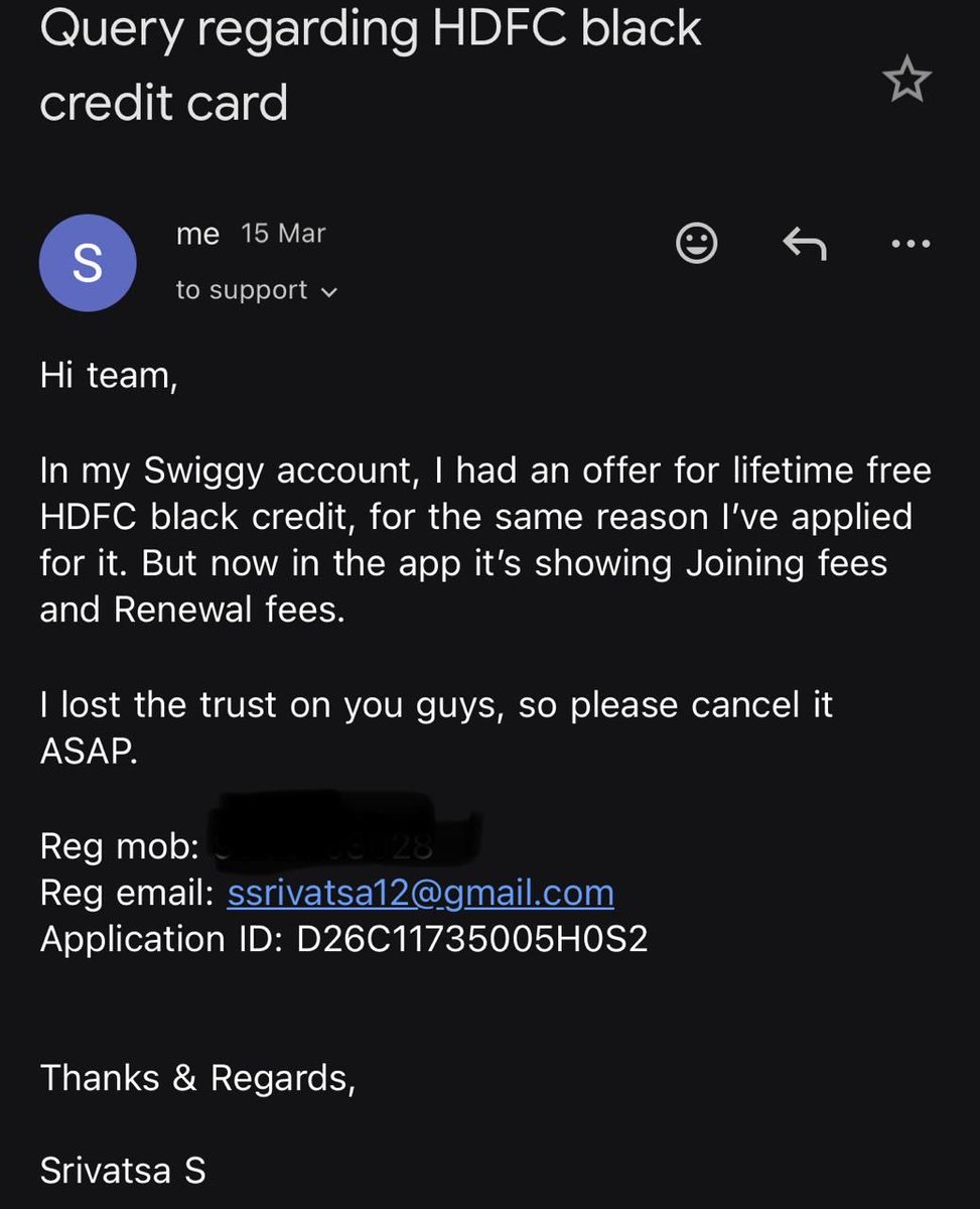 Karthikmshetty's tweet photo. @HDFCBank_Cares @Swiggy @SwiggyCares 

This is disgusting, providing a Swiggy hdfc credit card mentioning as LTF, but after applied it says 1000rs joining and annual fee
Again lost the trust on HDFC and SWIGGY
I request you to please reject the application.
Complaint id: 27832752 https://t.co/TQAobaYfJ6