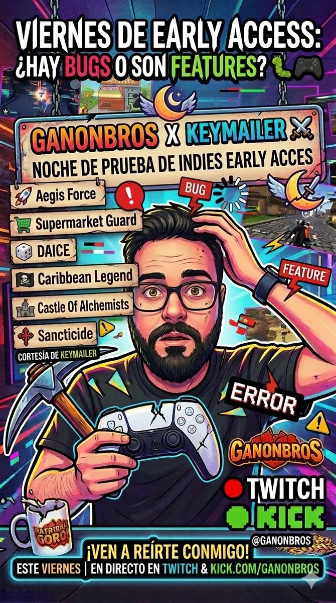 ganonbros's tweet photo. ¡Este viernes hay directo especial con un poco de todo! Vamos a probar 6 juegos indie en acceso anticipado, gracias a Keymailer. Aegis Force, Caribbean Legend, Sancticide... ¡y un simulador de guardia de supermercado!
#Ganonbros #Keymailer #IndieDevs #EarlyAccess #GameplayESP https://t.co/s7CLWKwrZ8
