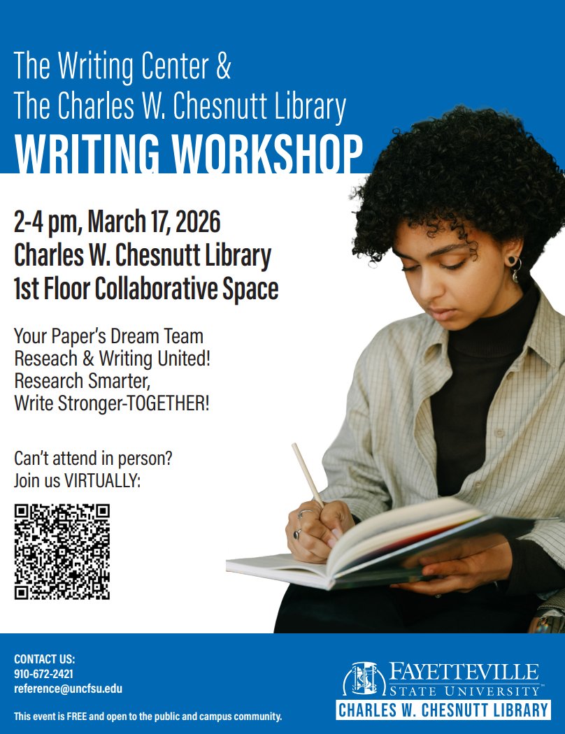 TODAY at 2pm: Stop by the library for expert assistance with your writing and research. 
#uncfsu #chesnuttlibrary #fayettevillestatebroncos #charleswchesnuttlibrary #fayettevillestateuniversity #fayettevillestate