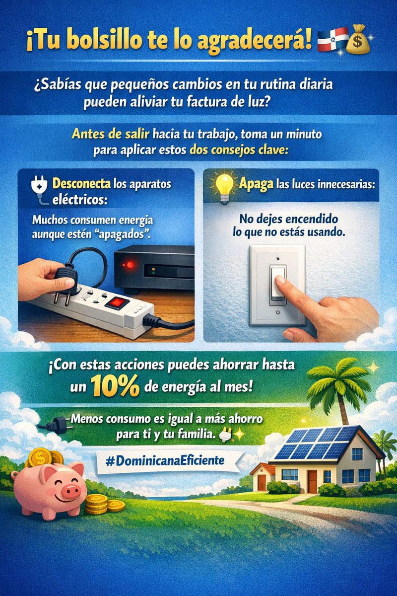 joeltorresDO's tweet photo. ¡Tu bolsillo te lo agradecerá! 🇩🇴💸

¿Sabías que pequeños cambios en tu rutina diaria pueden aliviar tu factura de luz? Antes de salir hacia tu trabajo, toma un minuto para aplicar estos dos consejos clave:

🔌 Desconecta los aparatos eléctricos: Muchos consumen energía aunque estén "apagados".

💡 Apaga las luces innecesarias: No dejes encendido lo que no estás usando.

¡Con estas acciones puedes ahorrar hasta un 10% de energía al mes! Menos consumo es igual a más ahorro para ti y tu familia. 🔌✨

#DominicanaEficiente