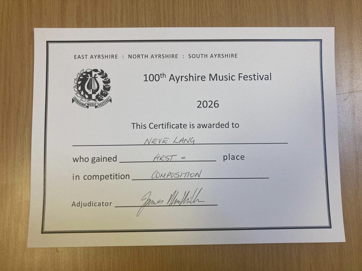PrestwickMusic's tweet photo. S4 Neve won her composition class at the Ayrshire Music Festival. Well done Neve 👏🏻 https://t.co/y7Jx3gb65t