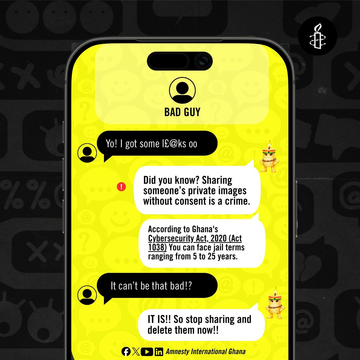 amnestyghana's tweet photo. #Rightsy says: Sharing someone’s private images without consent is a CRIME. Think twice, act right." ✋🏽📵 #Amnestyghana #Rightsy https://t.co/AlVzDoGOGM