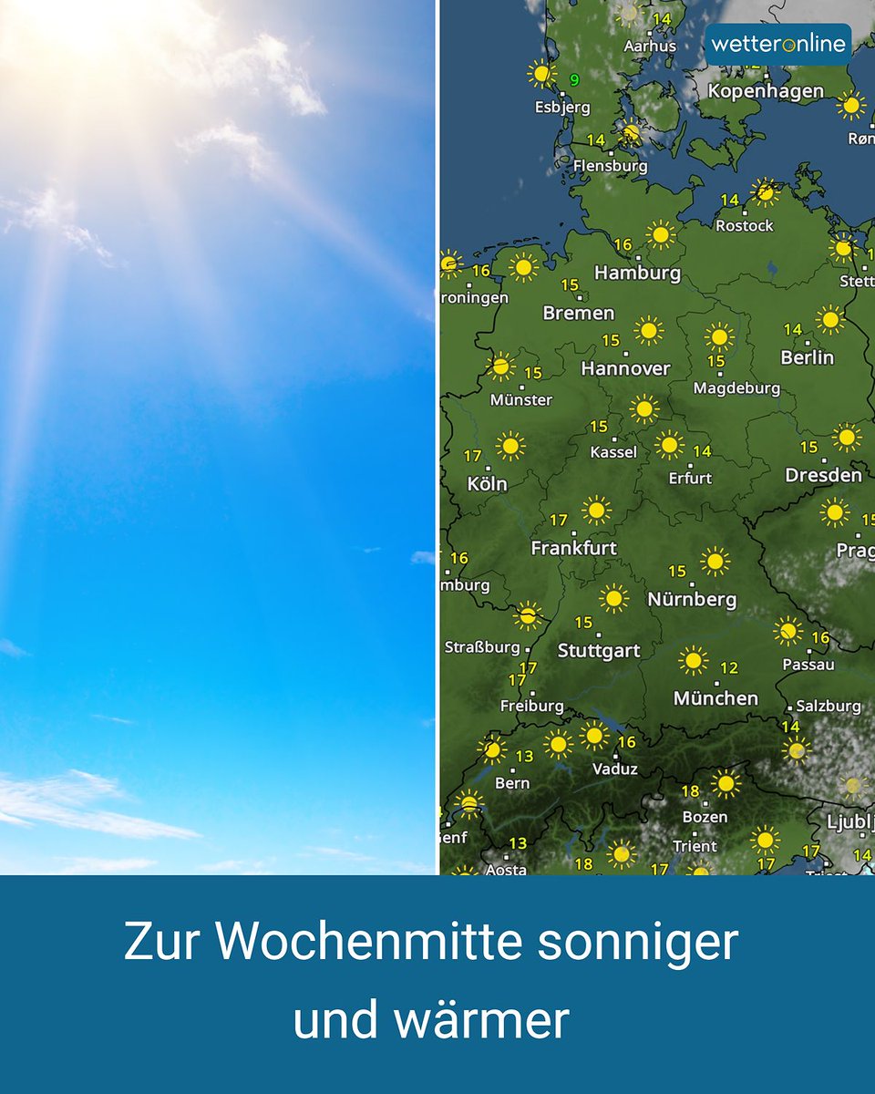 WetterOnline's tweet image. 🌞 Hoch LUKAS bringt sonniges Frühlingswetter. Morgen zeigt sich die Sonne vor allem in der Osthälfte häufig, ab Mittwoch und Donnerstag wird es fast überall strahlend schön.
👉 to.wetteronline.de/wochenmitte-so…

#Frühlingswetter #Sonne #Wetter #Deutschland