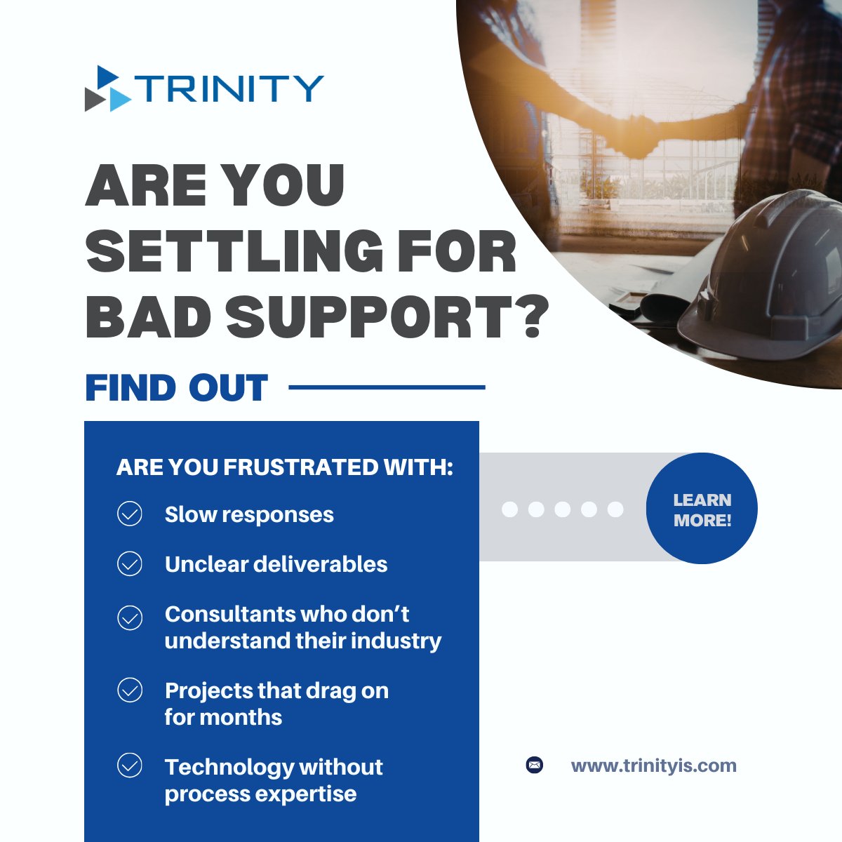QSP_Trinity's tweet photo. The software isn’t the problem. 
The support behind it is. 

Over 600 companies trust Trinity to build systems that move their operations forward. 

To learn more about the clients and projects we’ve been a part of visit: https://t.co/knKAdCfHww  

#BusinessProcessImprovement https://t.co/DvApF9LX5M