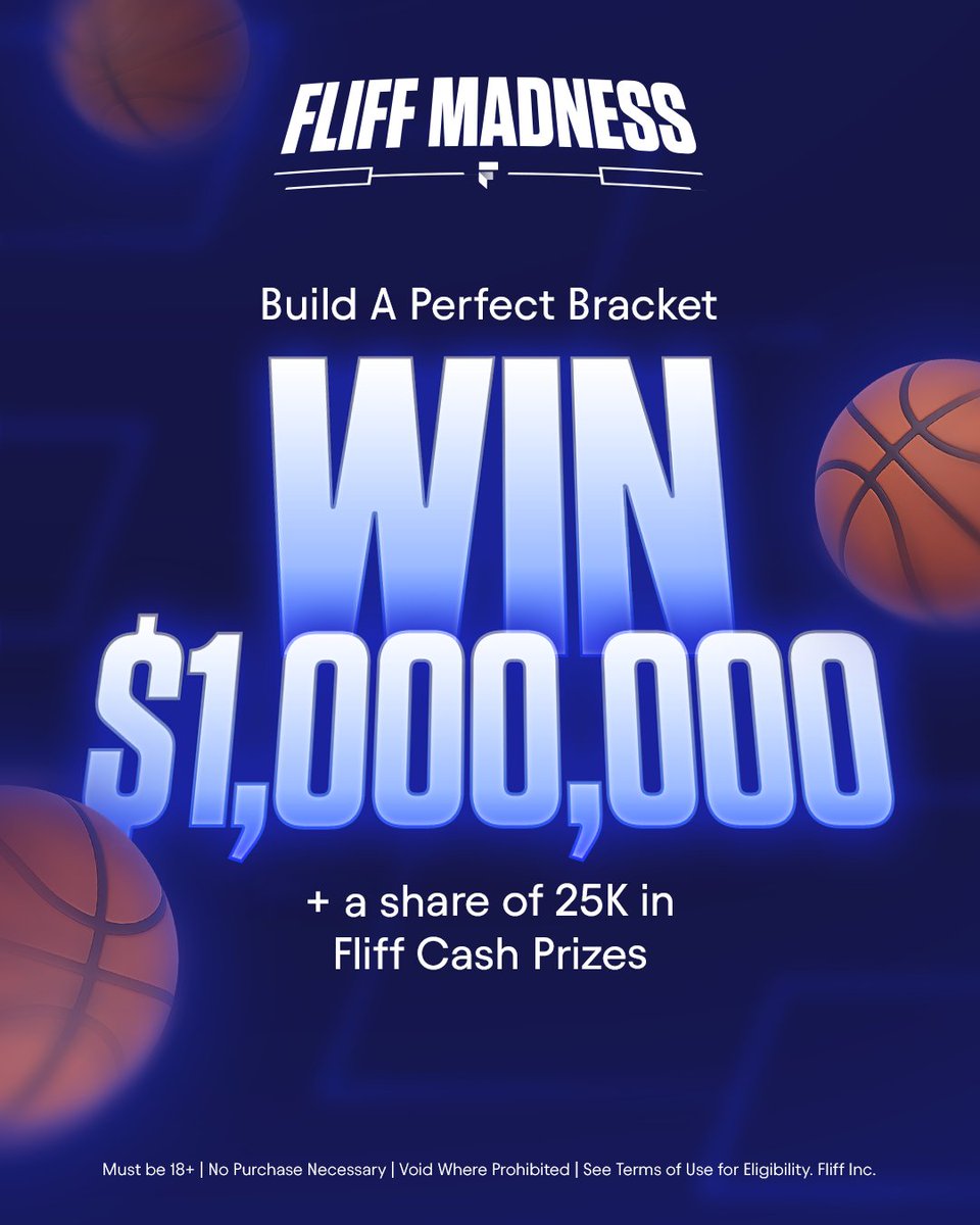 fliff's tweet photo. FLIFF MADNESS IS HERE 🏀

Fill out a bracket &amp; compete against other players for your shot to win:

🤑 $1 MILLION for a PERFECT bracket
💰 A share of 25K Fliff Cash for the Top 100 brackets

Click the in-app banner or enter here: https://t.co/ciZ75uFCpX

Details in thread ⬇️ https://t.co/7yiuX96mE7