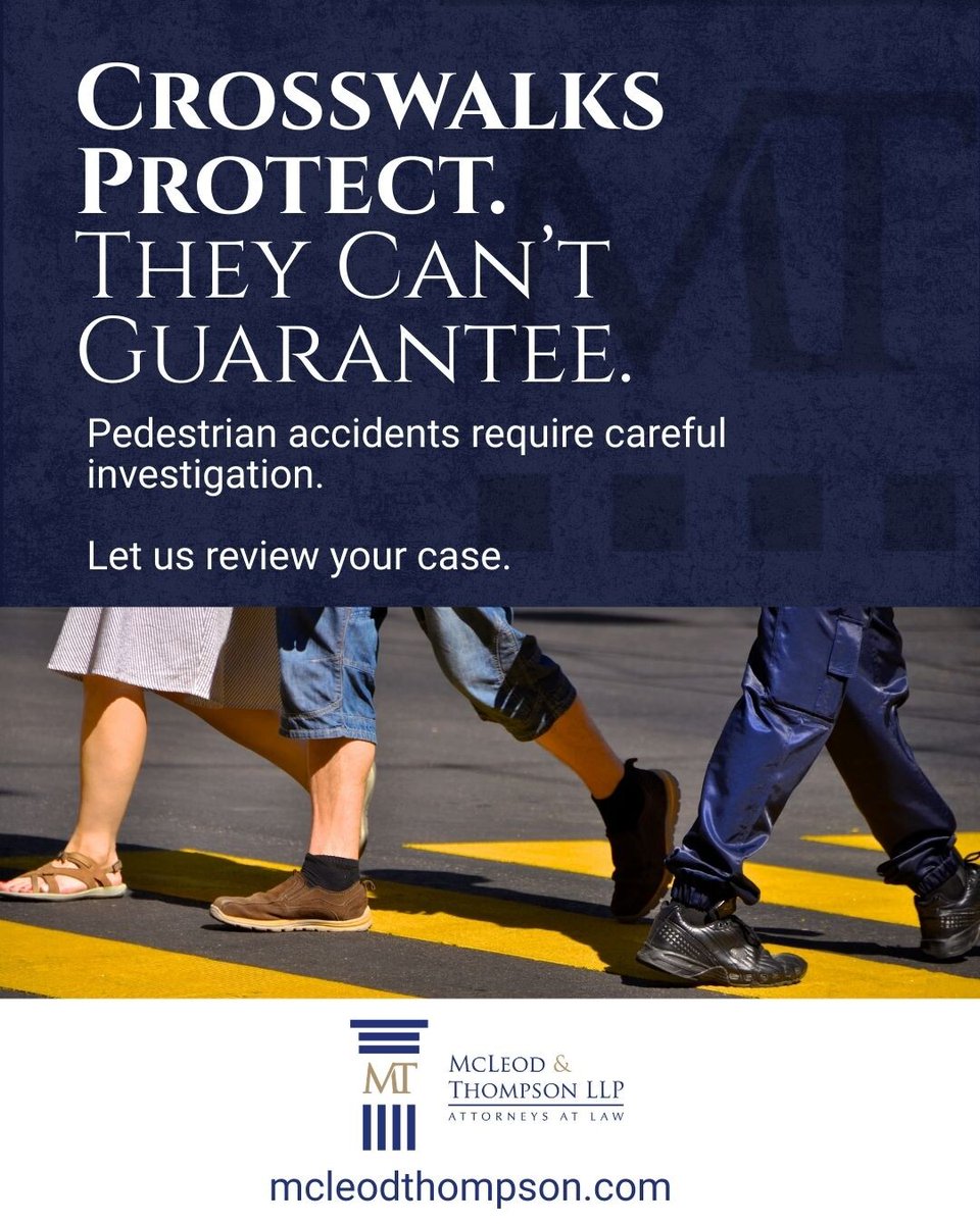 MMRTLAW's tweet image. A key legal detail: while crosswalks offer protection, pedestrians must also exercise care. Fault in pedestrian accidents isn't automatic. We analyze the facts to determine true liability. 

#McLeodAndThompson #PedestrianSafety #LegalFacts