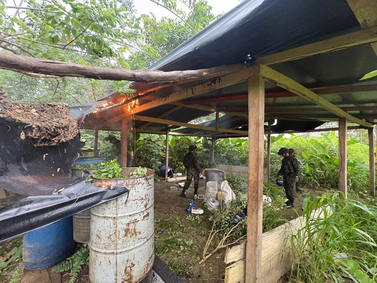 Ejercito_Div7's tweet photo. #ContundenciaOperacional | En la vereda Carmelias, municipio de #CarmendelDarién, #Chocó, se logró la ubicación y posterior destrucción de un laboratorio para el procesamiento de pasta base de coca, tras ofensiva desarrollada por tropas del Batallón de Selva N°. 54 Bajo Atrato de la #Brigada15. 

Como parte del resultado, además de la estructura, se logró destruir material correspondiente a gasolina, ACPM, cloruro de sodio, escurrideros artesanales, y canecas de diferentes capacidades. 

Con estos resultados se reafirma el compromiso institucional del  @EJC_COL, combatir las economías ilícitas en el territorio chocoano. 

#PatriaHonorLealtad
#NuestroCompromisoEs🇨🇴