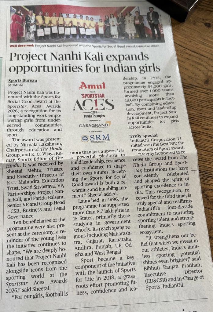 manoj_naandi's tweet photo. I am so thrilled that Project @NanhiKali received this prestigious Sports for Social Good Award  from Sportstar  under the aegis of @the_hindu newspaper group. 

This is an award for years of holistic education to empower nearly a million  underprivileged girls across India by @naandi_india under Project Nanhi Kali. A big shout out to our Sports Director Lisa Murawsky @gnwLisa who leads this initiative and to the 1850 young women Associates on ground who make this happen.

I also thank all the thousands of individual and hundreds of corporate donors who support this Project in transforming girls across India.