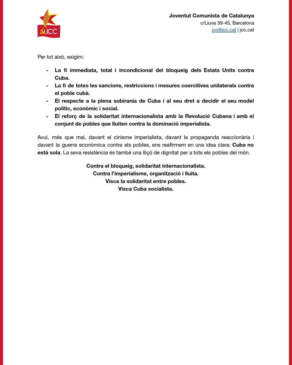 Comunicat davant l'actual situació de bloqueig imperialista a Cuba.

🇨🇺 Solidaritat amb el poble cubà i la seva Revolució! Prou bloqueig!
