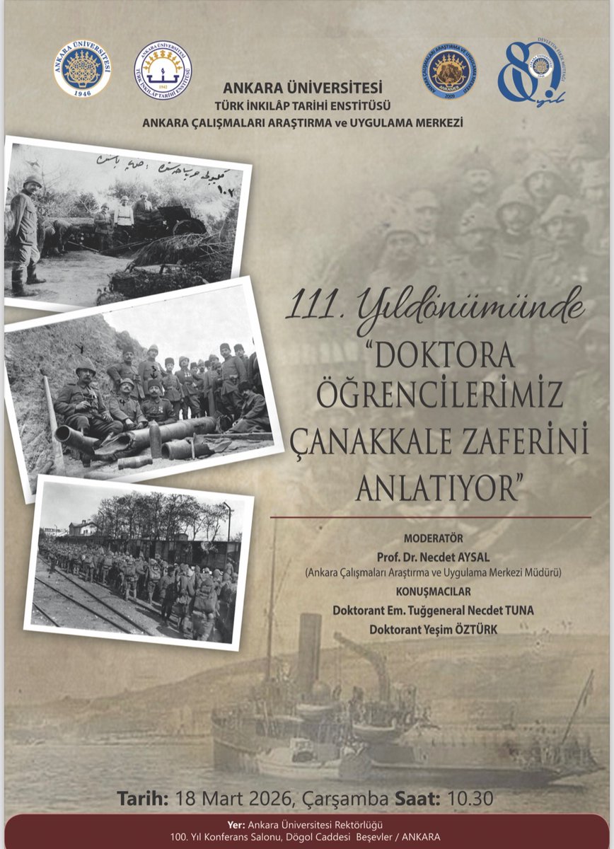 18 Mart Çanakkale Zaferi münasebetiyle düzenleyeceğimiz “111. Yıldönümünde Doktora Öğrencilerimiz Çanakkale Zaferi’ni Anlatıyor” konulu panelimize katılımlarınızı bekliyoruz.