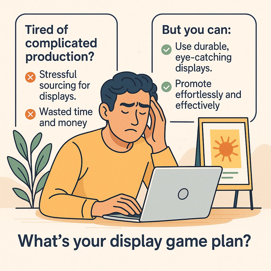 AboveAllAd's tweet photo. Tired of complicated production?  

❌ Stressful sourcing for displays.  
❌ Wasted time and money.  

But you can:  
✅ Use durable, eye-catching displays.  
✅ Promote effortlessly and effectively.  

What’s your display game plan?  

#MarketingMadeEasy https://t.co/YZd5oeDeI2