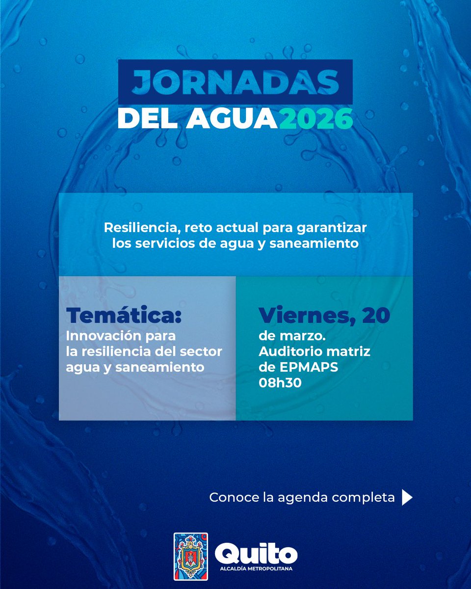 aguadequito's tweet photo. 🌎 #JornadasdelAgua2026 | Conocimiento que fortalece la gestión del agua de Quito.

Conmemoramos el Día Mundial del Agua con un encuentro que reúne ponencias nacionales e internacionales, orientadas a fortalecer y mejorar los servicios de agua potable y saneamiento en la ciudad.

Estos espacios permiten compartir experiencias, innovaciones y buenas prácticas, aportando a una gestión más eficiente del agua en beneficio de toda la ciudadanía.

#QuitoRenace
#QuitoNoSeDetiene